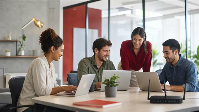 Equipe trabalhando conectada à internet empresarial