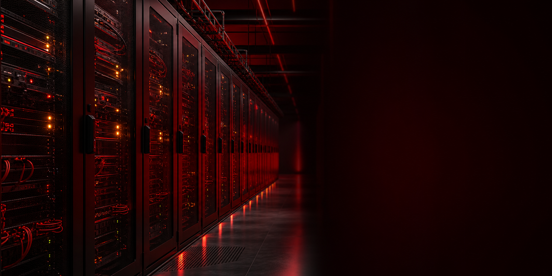 Corredor de racks de data center com iluminação vermelha