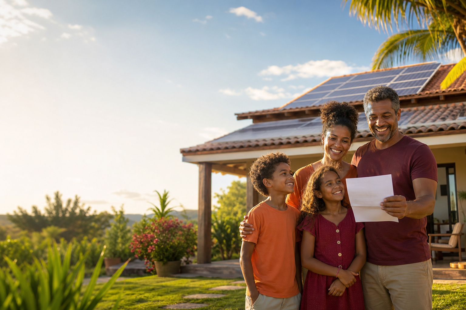 Família feliz conferindo a economia na conta de energia em frente a uma casa com painéis solares